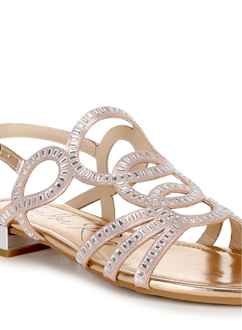 Cut Out Detail Rhinestone Flat Sandals in Rose Gold