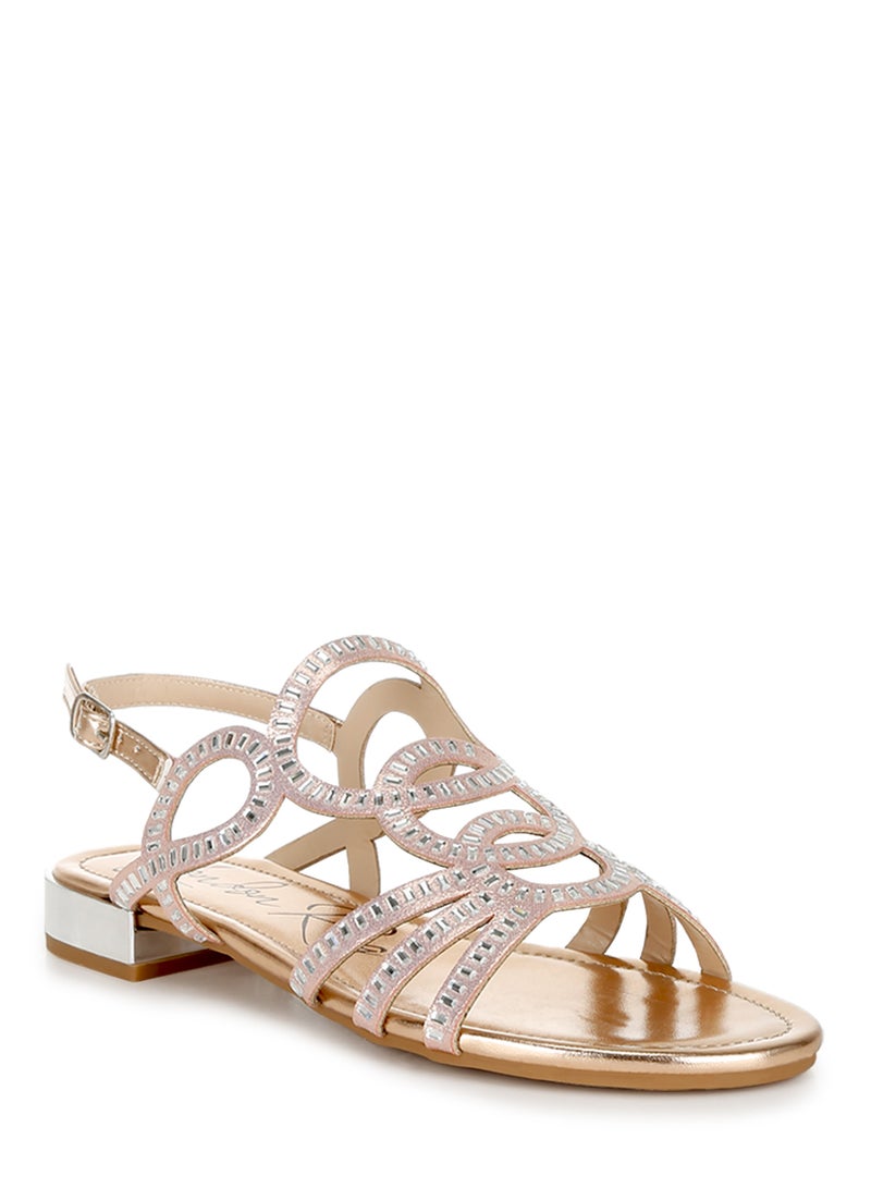 Cut Out Detail Rhinestone Flat Sandals in Rose Gold