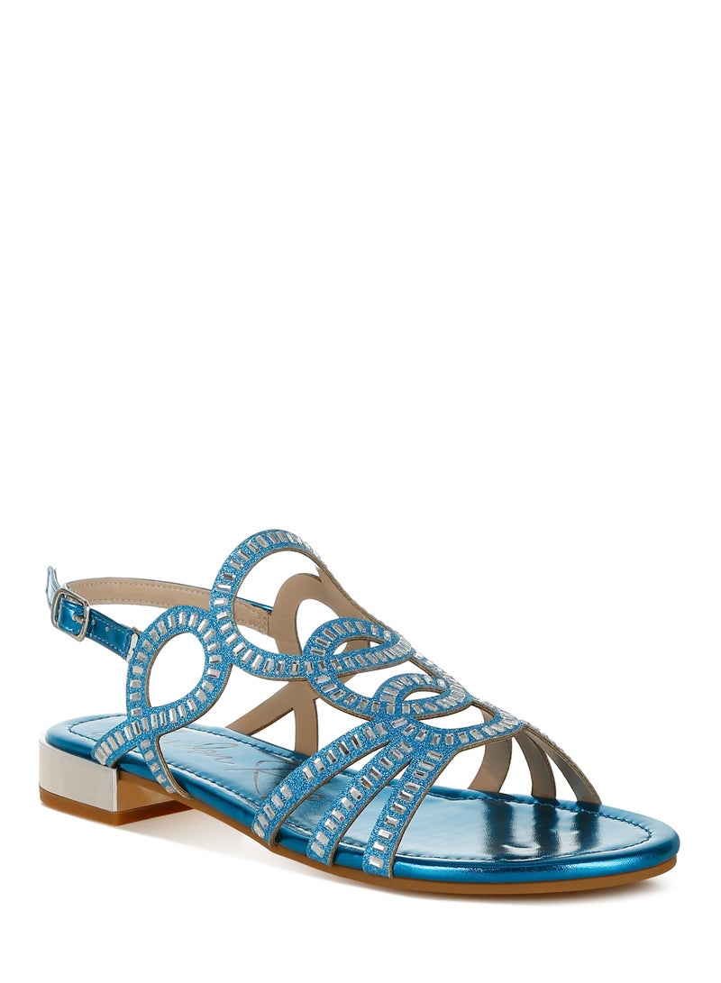 Cut Out Detail Rhinestone Flat Sandals in Denim Blue