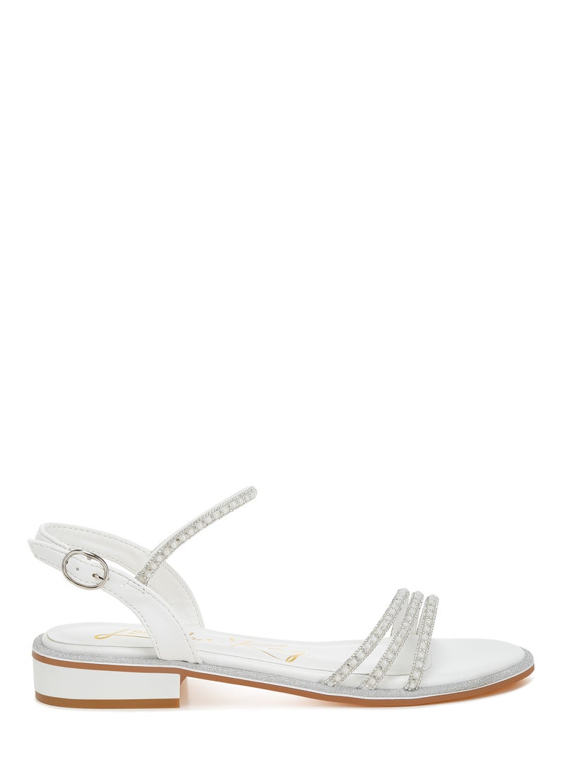 Rhinestone Pearl Detail Flat Sandals White