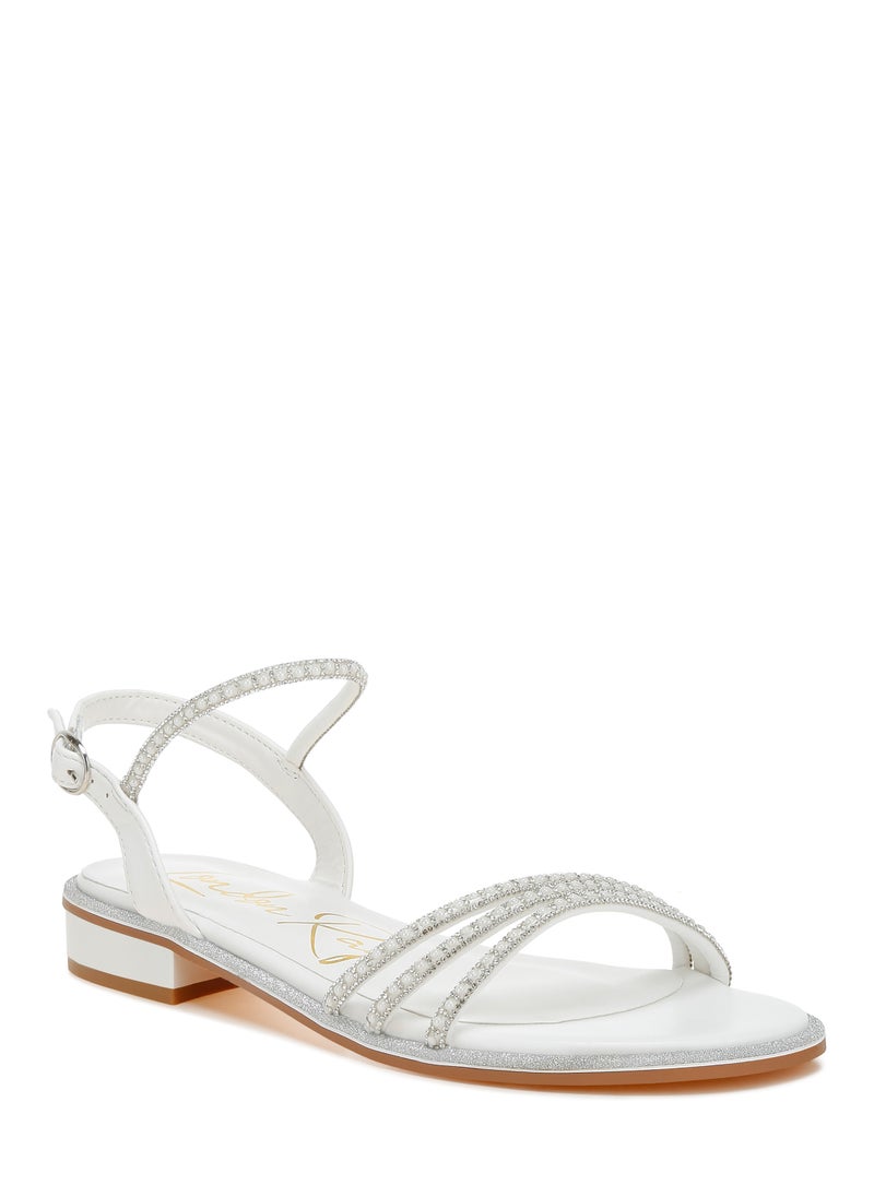 Rhinestone Pearl Detail Flat Sandals White