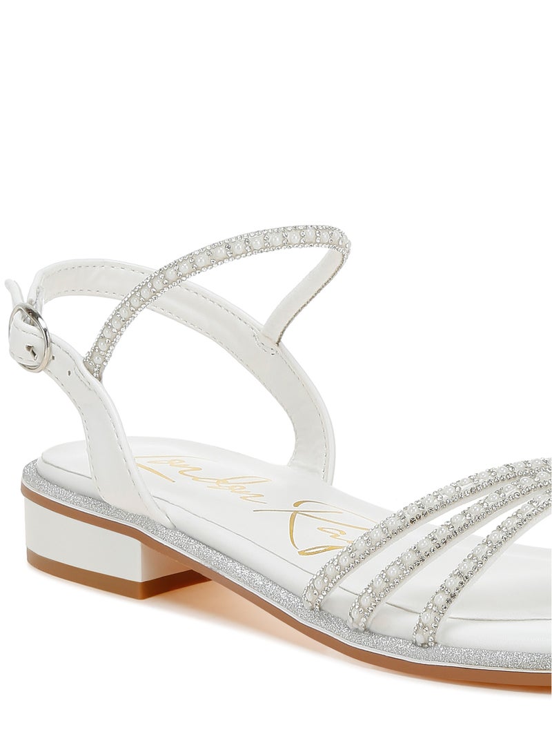 Rhinestone Pearl Detail Flat Sandals White