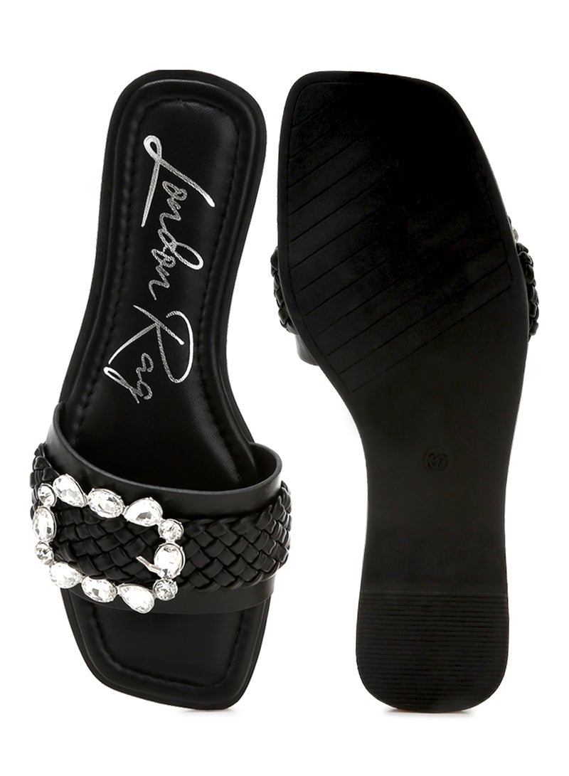 Diamante Flat Sandals in Black