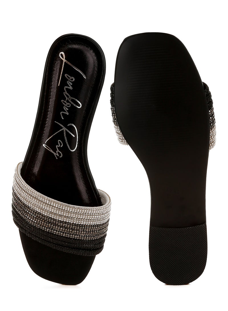 Black Rhinestone Strap Slip On Flats