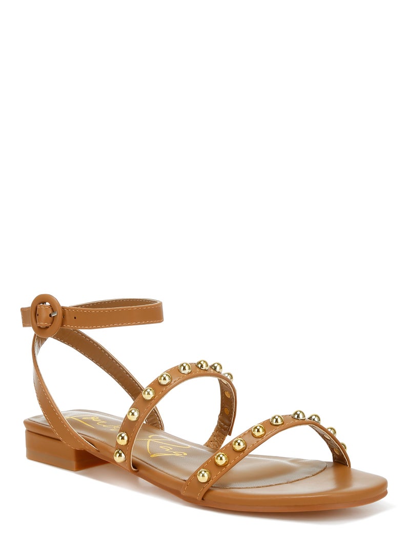 Studded Ankle Strap Flat Sandals in Tan