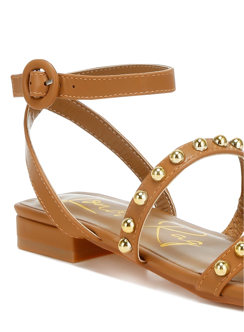 Studded Ankle Strap Flat Sandals in Tan