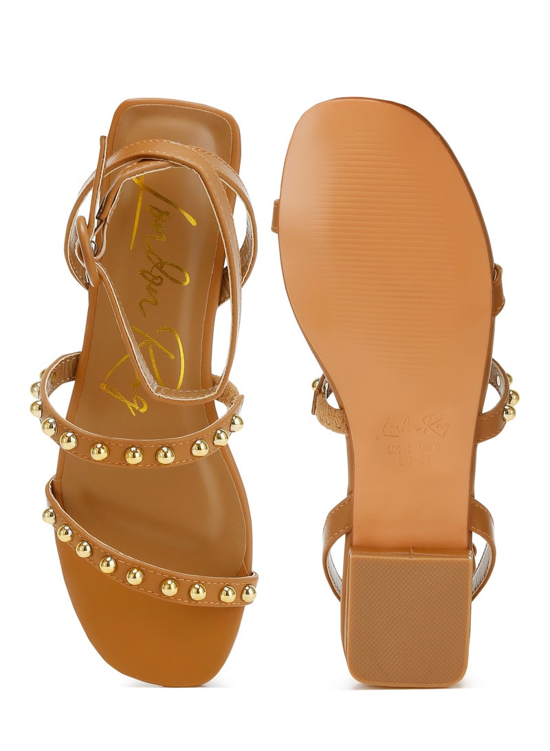 Studded Ankle Strap Flat Sandals in Tan