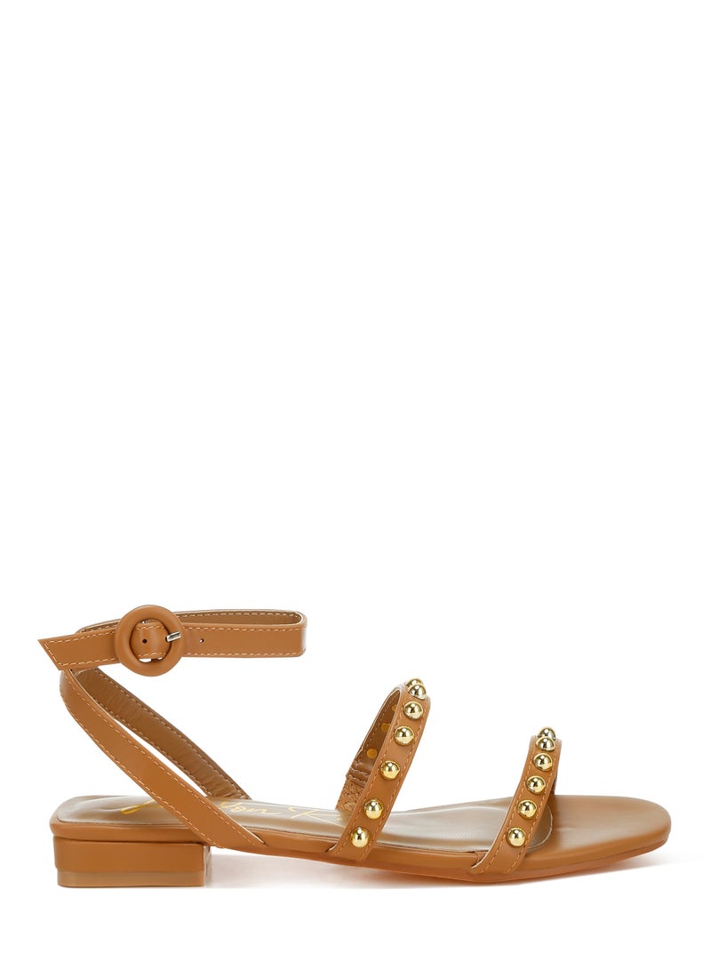 Studded Ankle Strap Flat Sandals in Tan