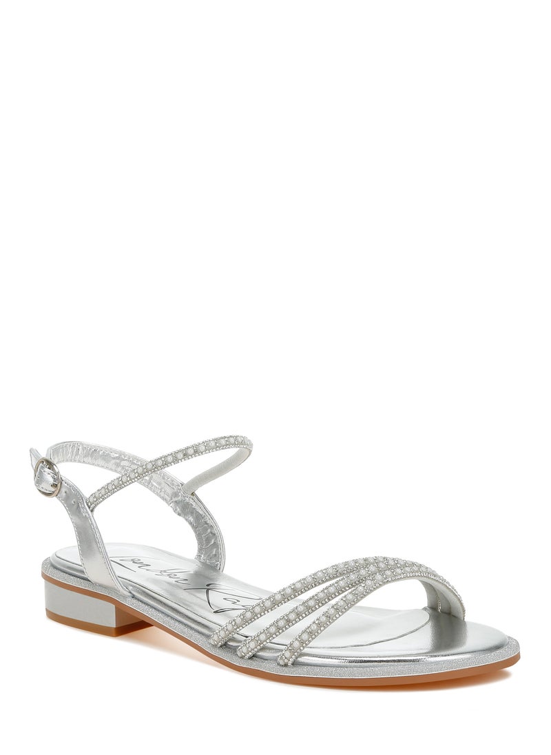 Rhinestone Pearl Detail Flat Sandals Silver