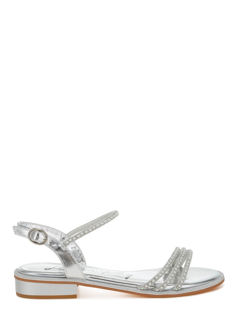 Rhinestone Pearl Detail Flat Sandals Silver