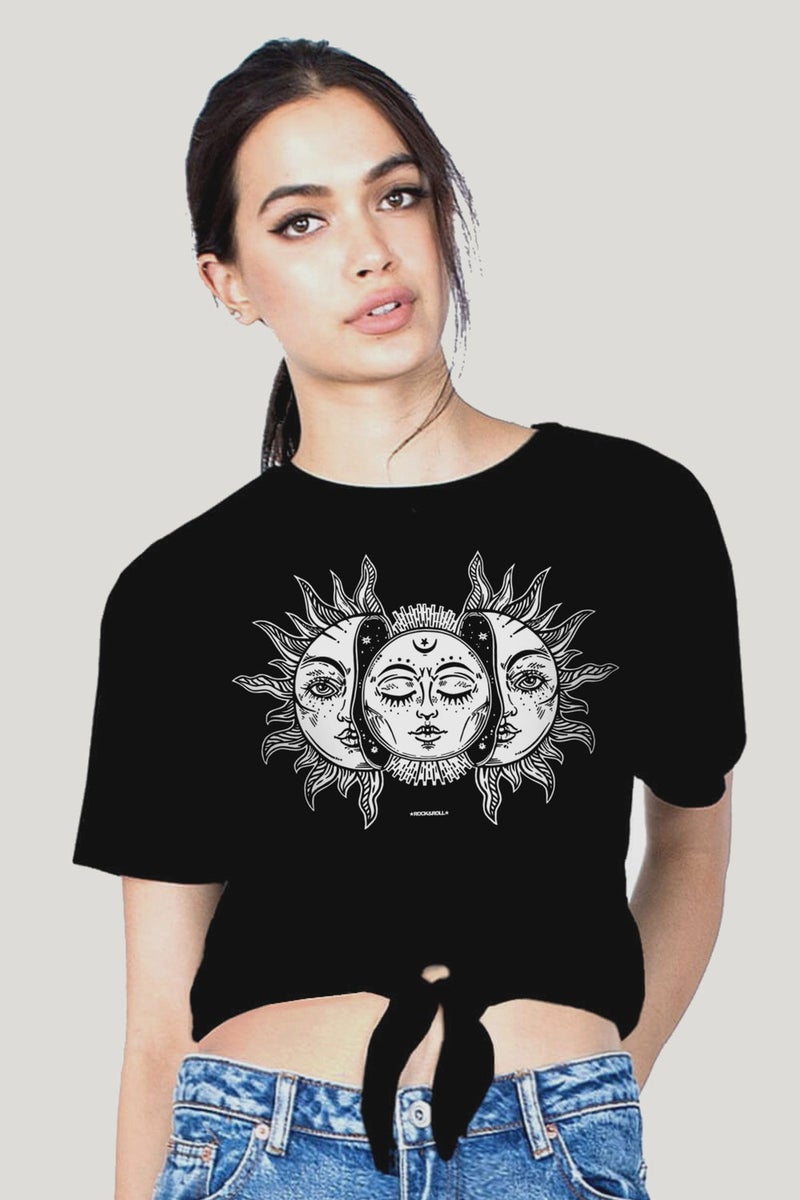 Moon Sun Black Crop Top Tied Women's T-Shirt