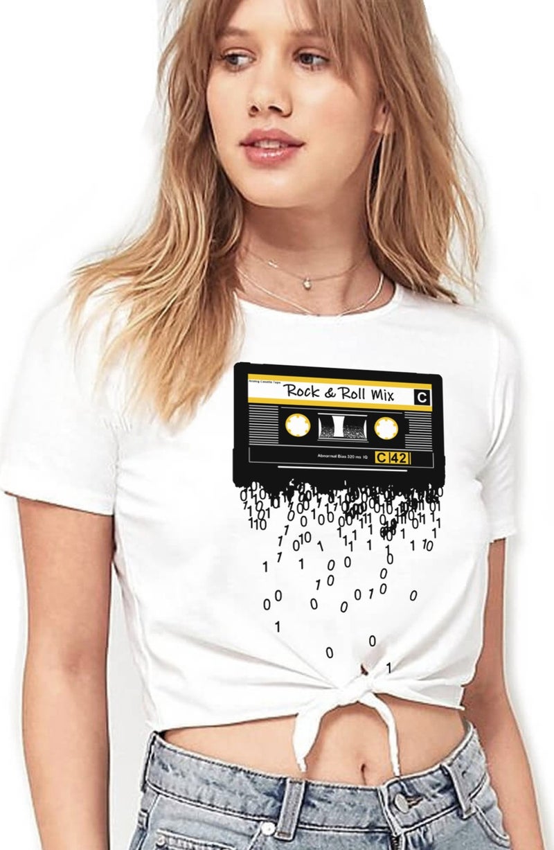 Rock & Roll Cassette Tape White Cut-Off Crop Top Tied Women's T-Shirt