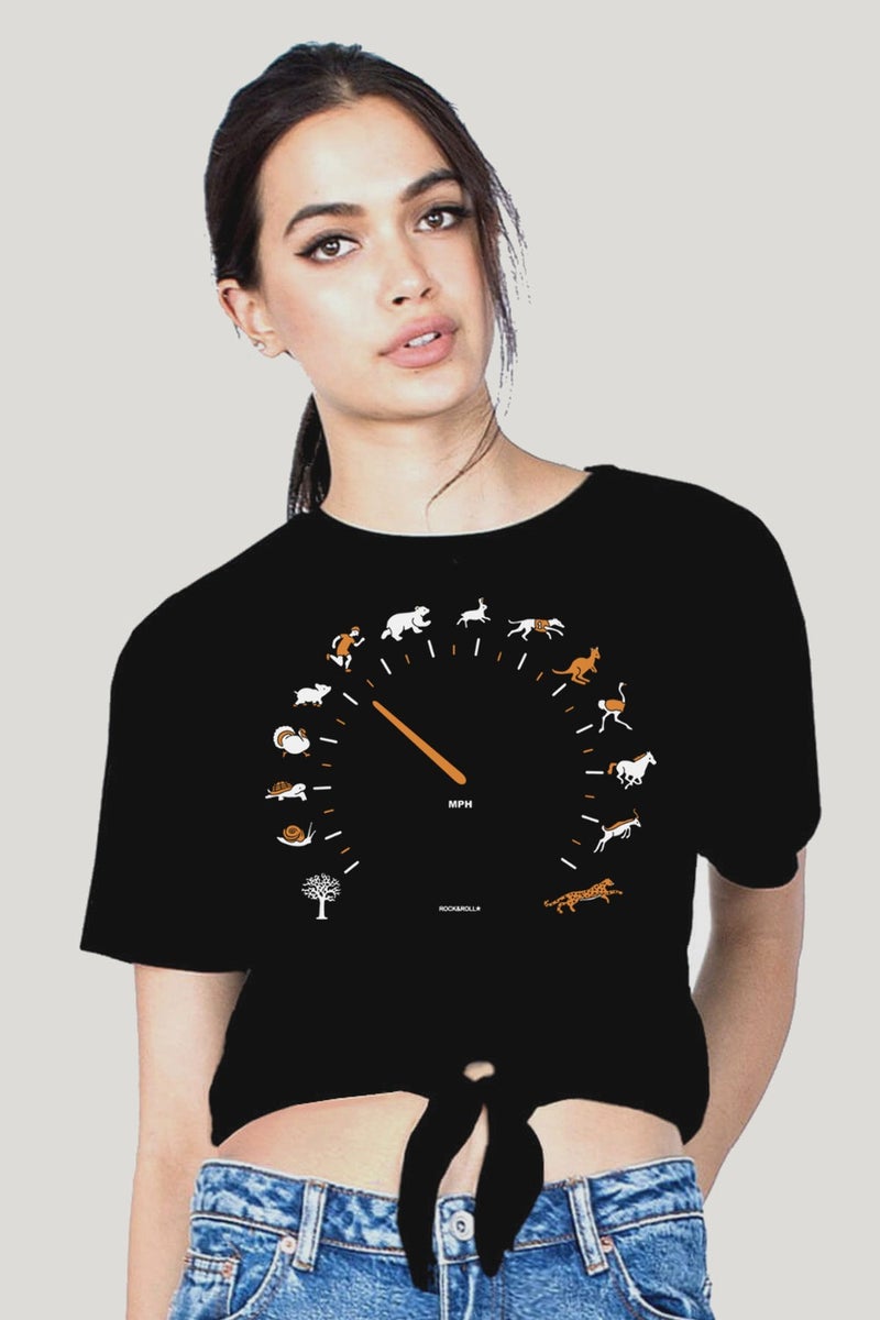 Rock & Roll Speedometer Black Crop Top Tied Women's T-Shirt