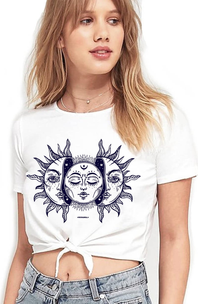 Moon Sun White Crop Top Tied Women's T-Shirt