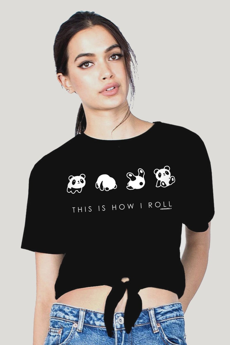 Panda Flip Black Crop Top Tied Women's T-Shirt