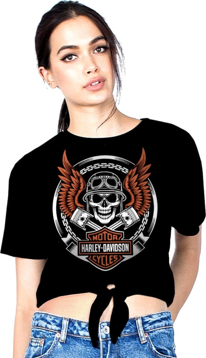 Biker Skull Black Crop Top Tied Women's T-Shirt