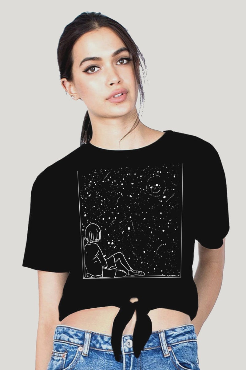 Rock & Roll Universal Smile Black Crop Top Tied Women's T-Shirt