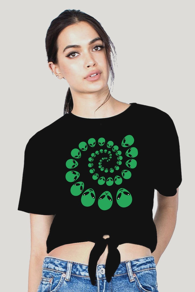 Spiral Aliens Black Cutaway Crop Top Tied Women's T-Shirt