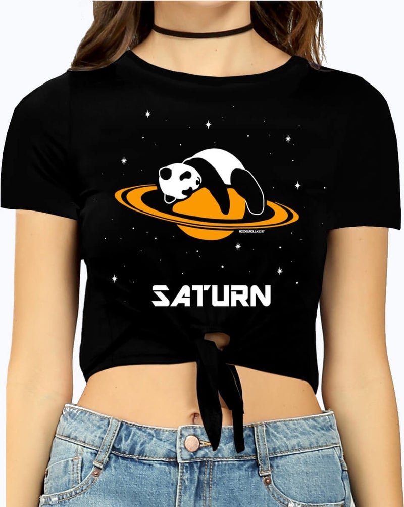 Panda on Saturn Black Crop Top Tied Women's T-Shirt