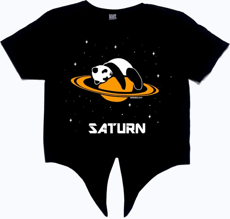 Panda on Saturn Black Crop Top Tied Women's T-Shirt