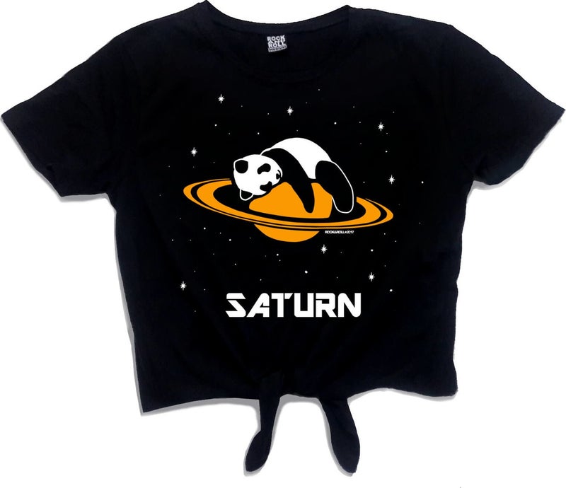 Panda on Saturn Black Crop Top Tied Women's T-Shirt