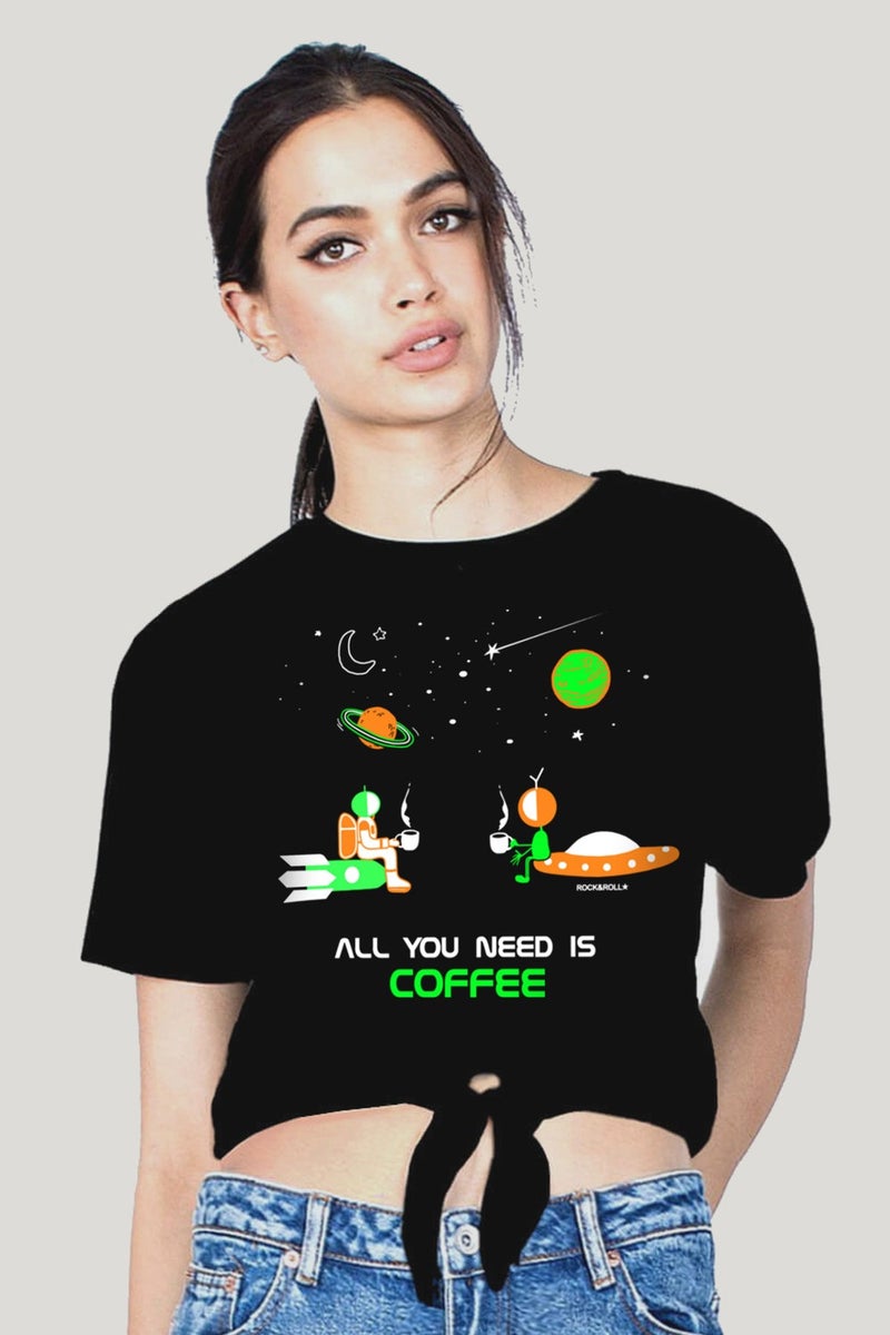 Rock & Roll In Space Brown Black Crop Top Tied Women's T-Shirt