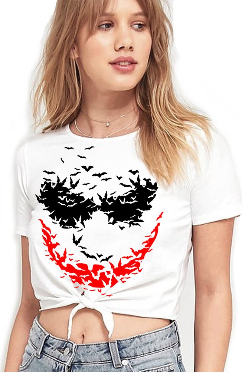 Rock & Roll Bat Laugh White Crop Top Tied Women's T-Shirt