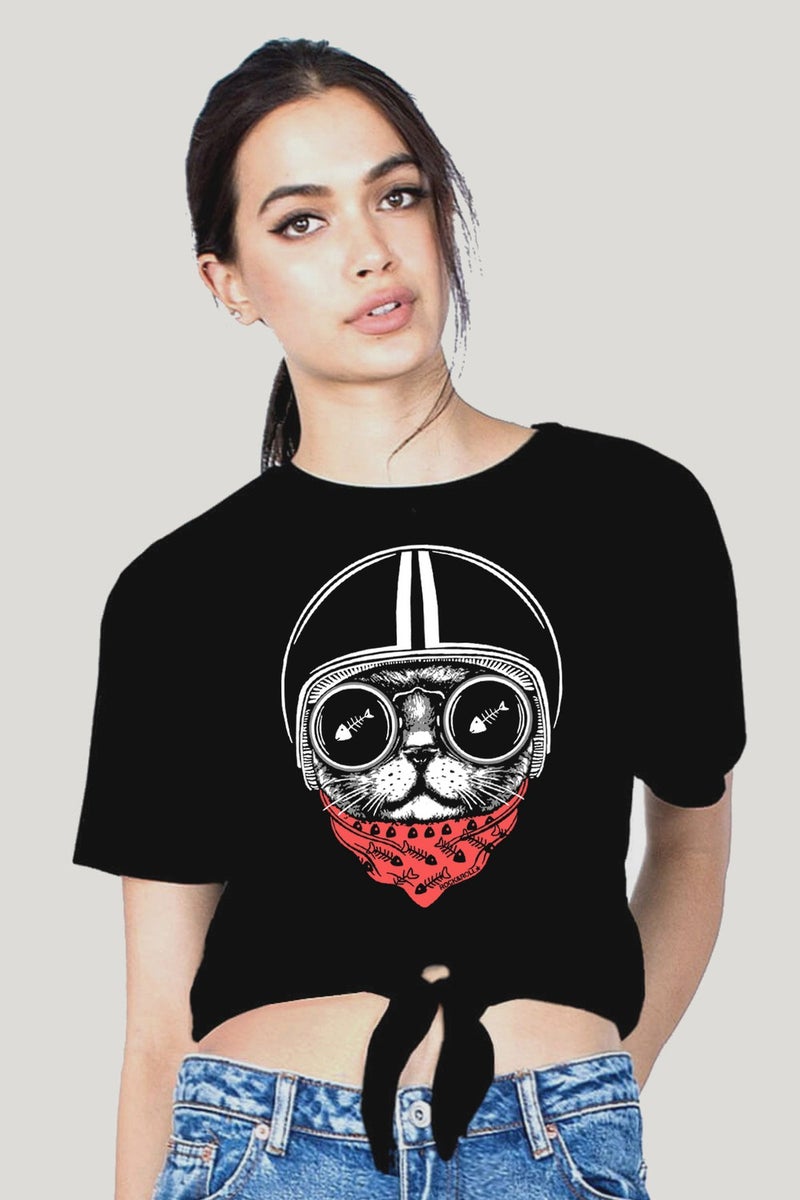 Helmeted Cat Black Crop Top Tied Women's T-Shirt