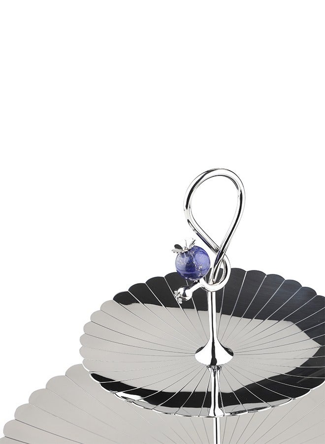 ARTTDINOX Round Pole Serving 2 Tier Platter | Multipurpose Dessert Cake Stand and Fruit Snack Tower | Royal Lapiz Series | Lapi Lazuli Stone | Stainless Steel | Silver | by Jindal