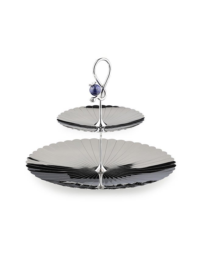 ARTTDINOX Round Pole Serving 2 Tier Platter | Multipurpose Dessert Cake Stand and Fruit Snack Tower | Royal Lapiz Series | Lapi Lazuli Stone | Stainless Steel | Silver | by Jindal