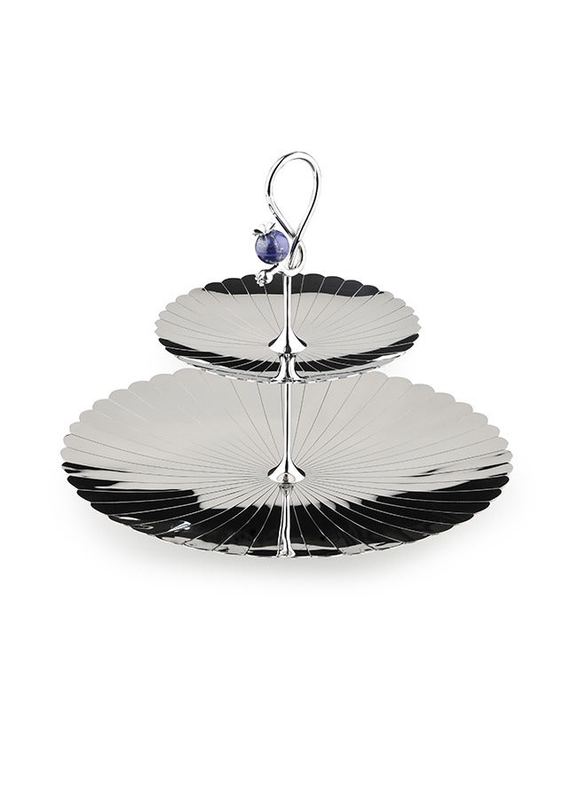 ARTTDINOX Round Pole Serving 2 Tier Platter | Multipurpose Dessert Cake Stand and Fruit Snack Tower | Royal Lapiz Series | Lapi Lazuli Stone | Stainless Steel | Silver | by Jindal