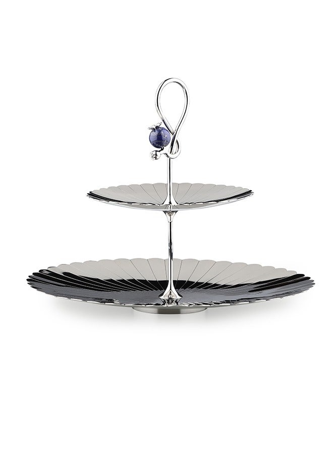 ARTTDINOX Round Pole Serving 2 Tier Platter | Multipurpose Dessert Cake Stand and Fruit Snack Tower | Royal Lapiz Series | Lapi Lazuli Stone | Stainless Steel | Silver | by Jindal