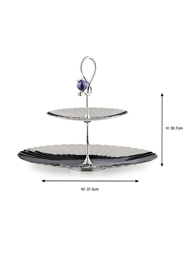 ARTTDINOX Round Pole Serving 2 Tier Platter | Multipurpose Dessert Cake Stand and Fruit Snack Tower | Royal Lapiz Series | Lapi Lazuli Stone | Stainless Steel | Silver | by Jindal