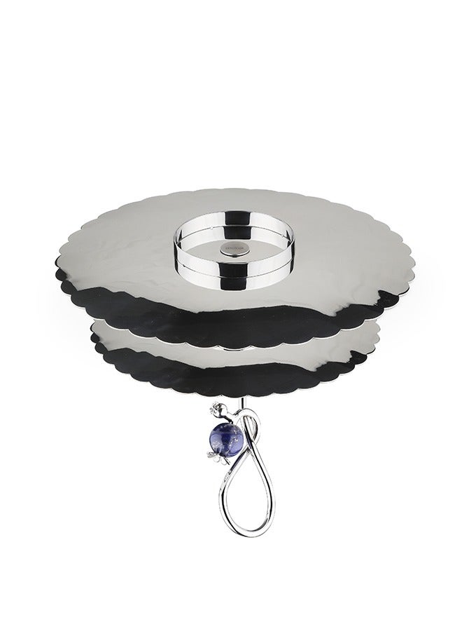 ARTTDINOX Round Pole Serving 2 Tier Platter | Multipurpose Dessert Cake Stand and Fruit Snack Tower | Royal Lapiz Series | Lapi Lazuli Stone | Stainless Steel | Silver | by Jindal