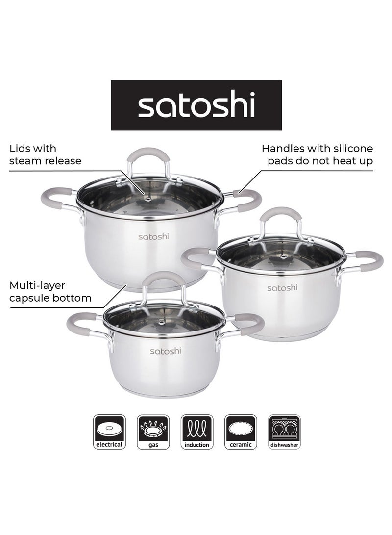 Stainless Steel Saucepan Set, 6 Pieces, 1.8L, 2.5L, 3.5L, Glass Lids, Silicon Handles, Dishwasher Safe