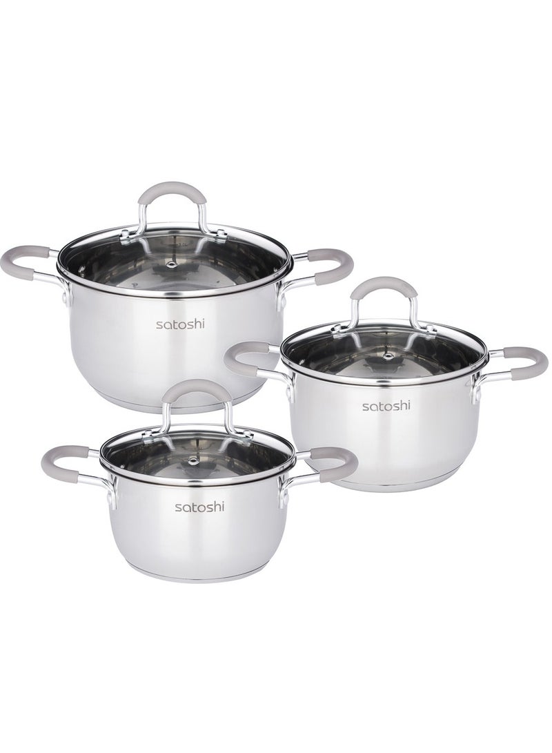 Stainless Steel Saucepan Set, 6 Pieces, 1.8L, 2.5L, 3.5L, Glass Lids, Silicon Handles, Dishwasher Safe