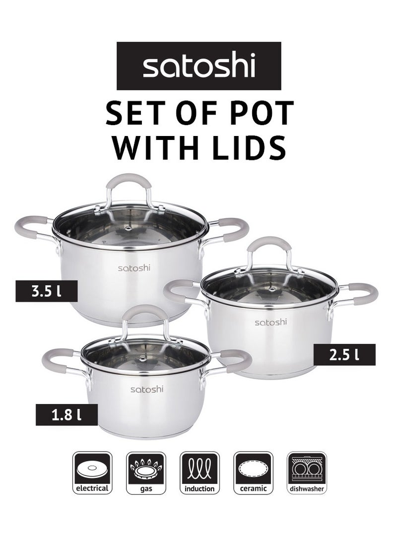 Stainless Steel Saucepan Set, 6 Pieces, 1.8L, 2.5L, 3.5L, Glass Lids, Silicon Handles, Dishwasher Safe