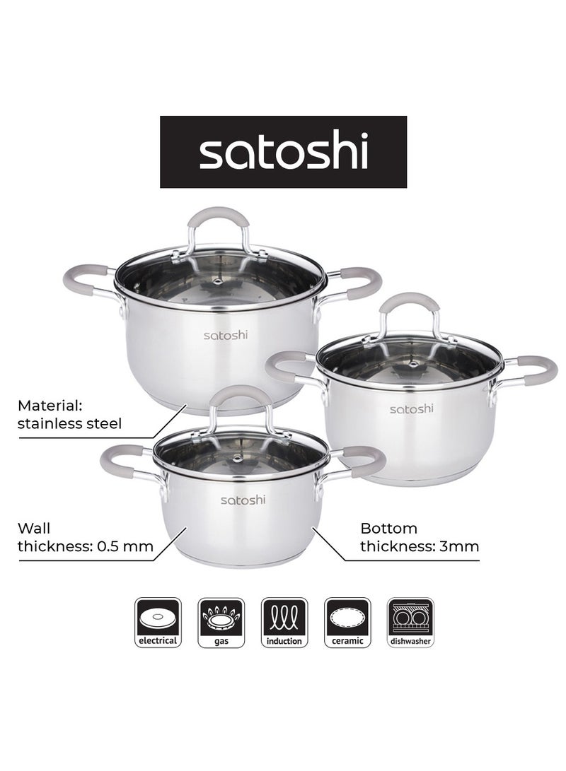 Stainless Steel Saucepan Set, 6 Pieces, 1.8L, 2.5L, 3.5L, Glass Lids, Silicon Handles, Dishwasher Safe