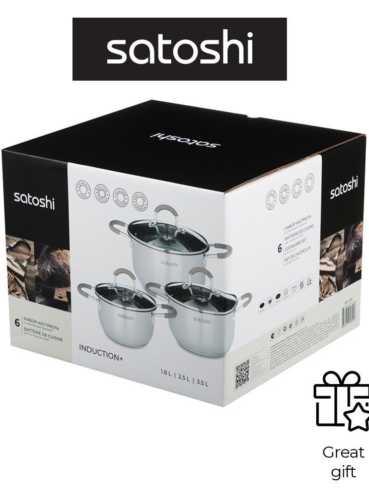 Stainless Steel Saucepan Set, 6 Pieces, 1.8L, 2.5L, 3.5L, Glass Lids, Silicon Handles, Dishwasher Safe