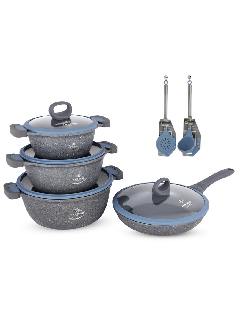 LIFE SMILE 16-Piece Cookware Set - Induction Base Pots and Pans, Titanium Granite Non-Stick Coating, 100% PFOA-Free, Kitchen Cooking Set with Detachable Stay Cool All Silicone Handles (Grey)