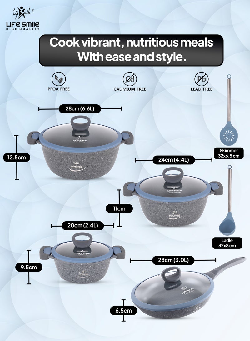 LIFE SMILE 16-Piece Cookware Set - Induction Base Pots and Pans, Titanium Granite Non-Stick Coating, 100% PFOA-Free, Kitchen Cooking Set with Detachable Stay Cool All Silicone Handles (Grey)