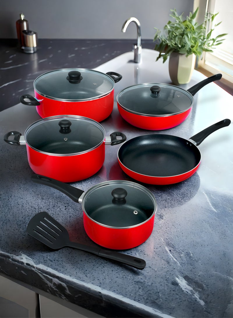 10 Piece Nonstick Cookware Set with Tempered Glass Lids, Heat Resistant Handles, 10X Tougher Nonstick Coating, Quick & Even Heat Distribution, Includes Saucepan, Wokpan, Frypan & Milkpan Kitchen Cooking Food Preparation Set - NCS10R