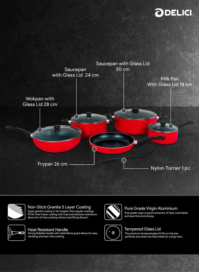 10 Piece Nonstick Cookware Set with Tempered Glass Lids, Heat Resistant Handles, 10X Tougher Nonstick Coating, Quick & Even Heat Distribution, Includes Saucepan, Wokpan, Frypan & Milkpan Kitchen Cooking Food Preparation Set - NCS10R