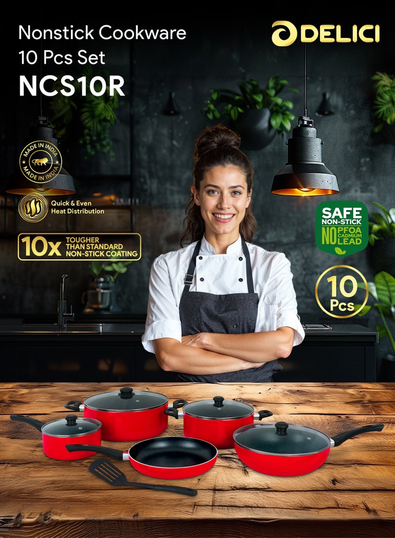 10 Piece Nonstick Cookware Set with Tempered Glass Lids, Heat Resistant Handles, 10X Tougher Nonstick Coating, Quick & Even Heat Distribution, Includes Saucepan, Wokpan, Frypan & Milkpan Kitchen Cooking Food Preparation Set - NCS10R