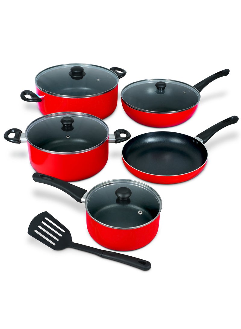 10 Piece Nonstick Cookware Set with Tempered Glass Lids, Heat Resistant Handles, 10X Tougher Nonstick Coating, Quick & Even Heat Distribution, Includes Saucepan, Wokpan, Frypan & Milkpan Kitchen Cooking Food Preparation Set - NCS10R