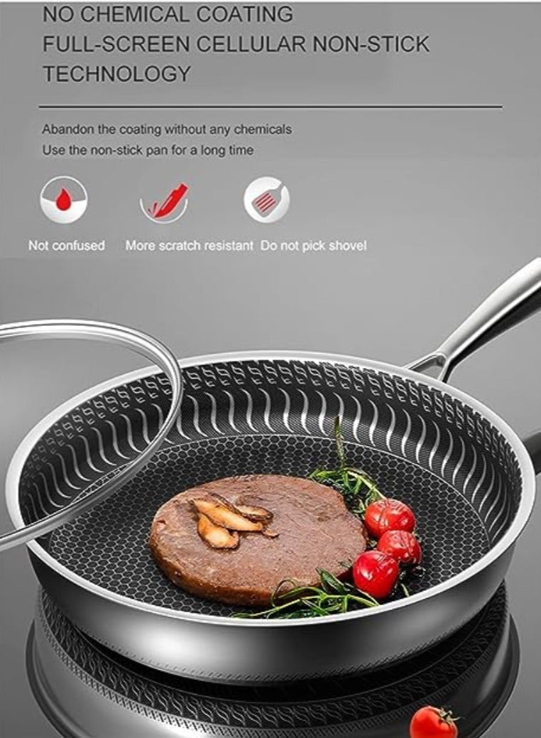 Non-Stick Frying Pan,Non-stick Wok,Steel Stir-fry Pan Double-sided Screen Honeycomb with Glass Lid, Stainless Steel (28cm/11in)