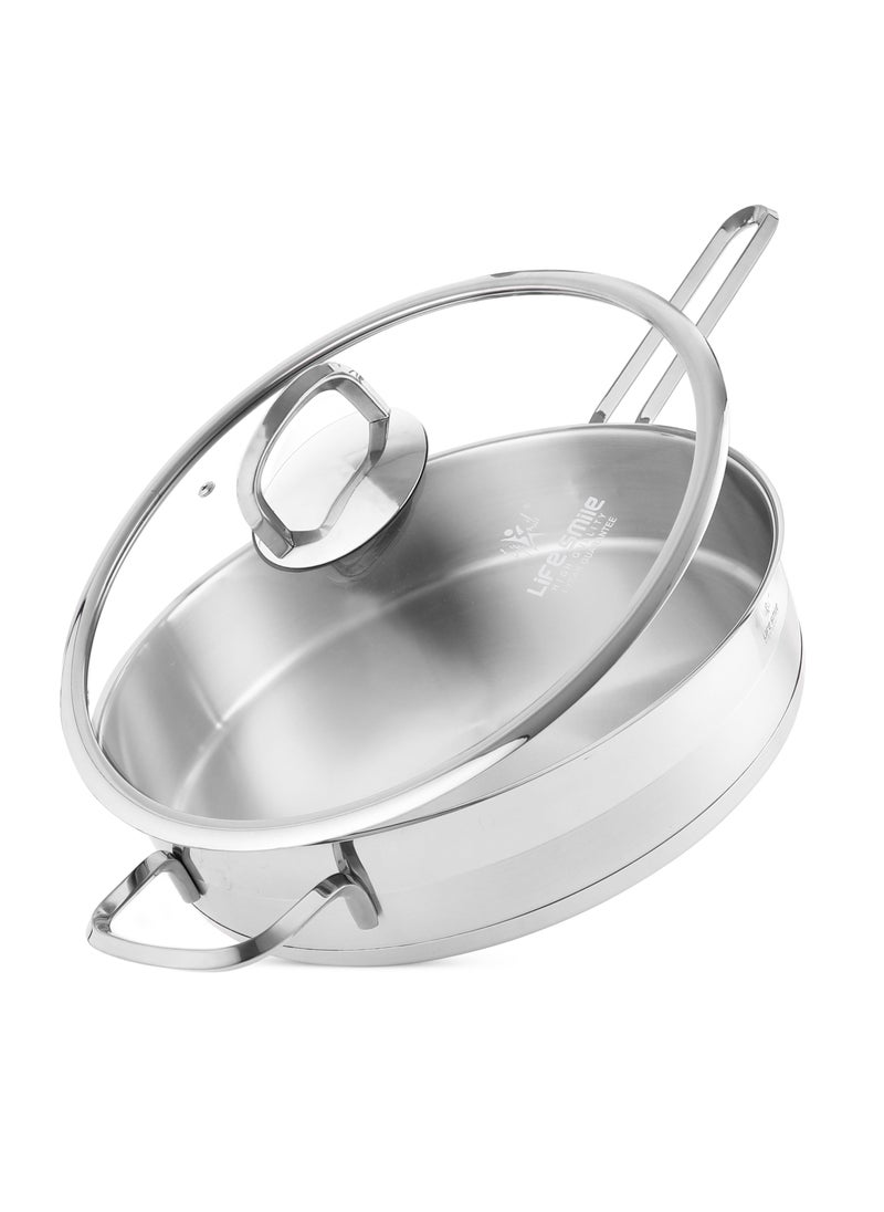 28cm (3.5 Liter) LIFE SMILE Frying pan with Lid - 18/10 Pure Stainless Steel - Thick Induction Base Double Handle Fry Pan - Non-Toxic, 100% PFOA, PTFE & PFOS Free - Oven Safe Saute Pan