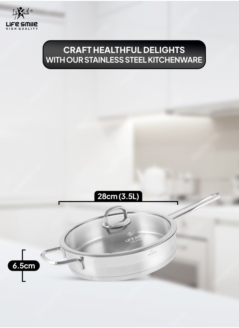 28cm (3.5 Liter) LIFE SMILE Frying pan with Lid - 18/10 Pure Stainless Steel - Thick Induction Base Double Handle Fry Pan - Non-Toxic, 100% PFOA, PTFE & PFOS Free - Oven Safe Saute Pan