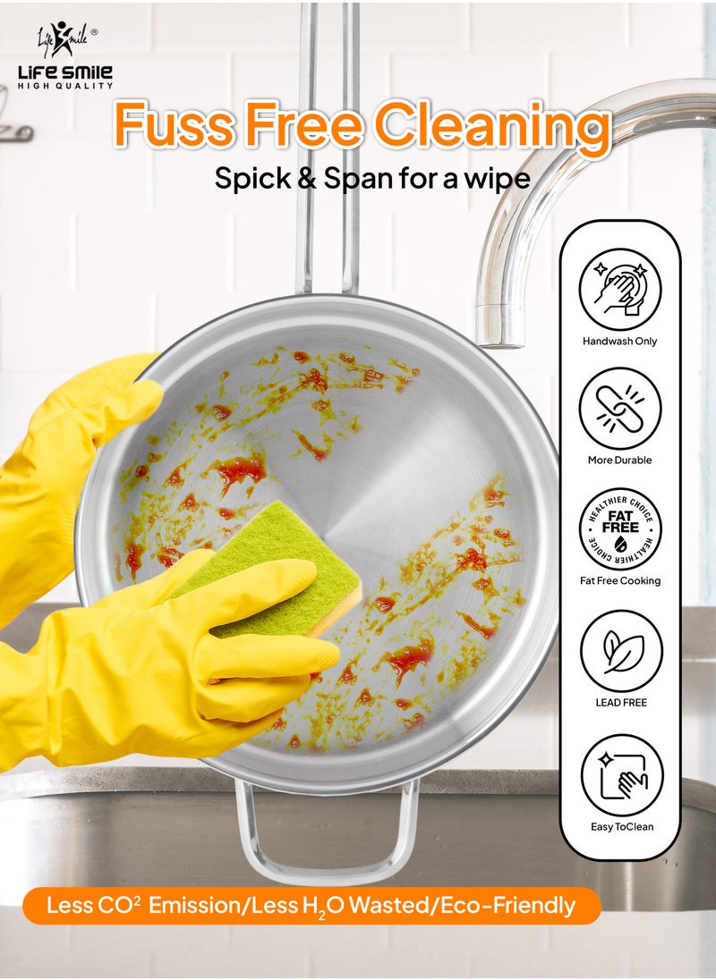 28cm (3.5 Liter) LIFE SMILE Frying pan with Lid - 18/10 Pure Stainless Steel - Thick Induction Base Double Handle Fry Pan - Non-Toxic, 100% PFOA, PTFE & PFOS Free - Oven Safe Saute Pan