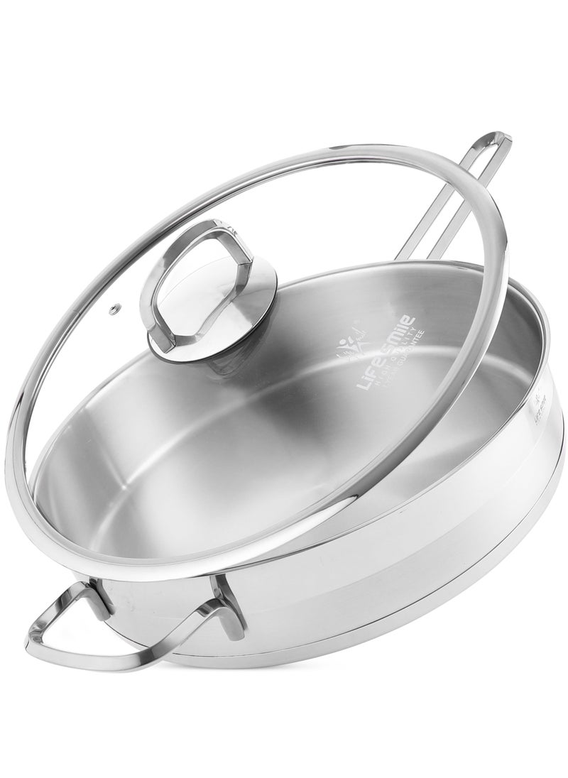 32cm (5.5 Liter) LIFE SMILE Frying pan with Lid Big Size - 18/10 Pure Stainless Steel - Induction Base Double Handle Fry Pan - Non-Toxic, 100% PFOA, PTFE & PFOS Free - Oven Safe Saute Pan